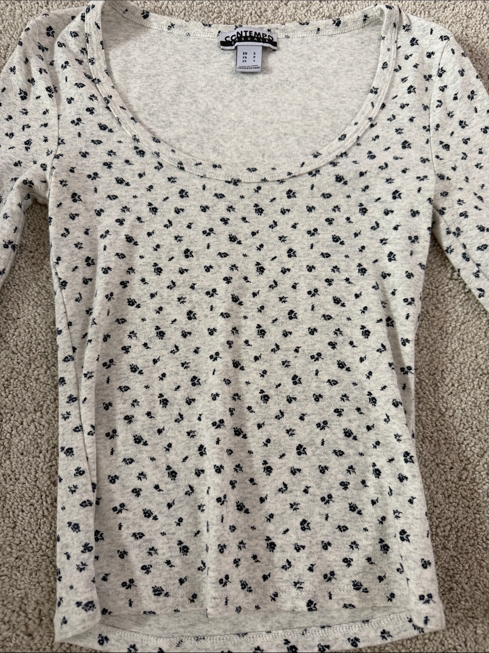 Contempo Casuals Cream Long Sleeve Scoop Neck Top with Black Floral Print